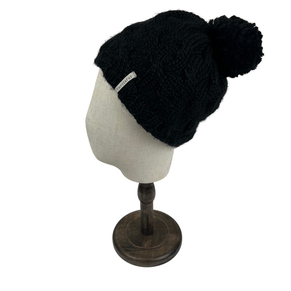 Turtle Fur Black‎ Merino Wool Blend Cable Knit Pom Beanie Fleece Lined NRCN